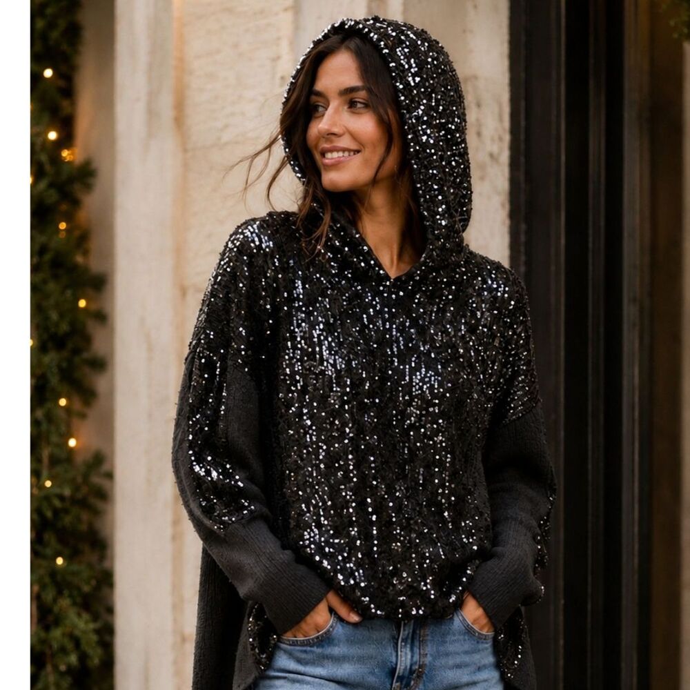 Pinko Poiche S Black Sequin Mohair High Low Hooded Sweater Glam Italian